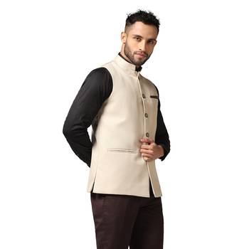 men beige solid nehru jacket 3