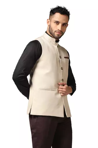 men beige solid nehru jacket
