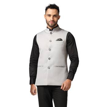 men light grey solid  nehru jacket 1