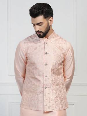 Viscose Embroidered Peach Nehru Jacket 1