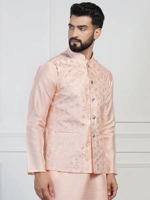 Viscose Embroidered Peach Nehru Jacket 2