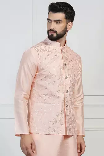 Viscose Embroidered Peach Nehru Jacket