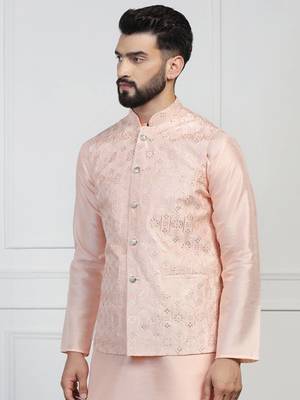 Viscose Embroidered Peach Nehru Jacket 3