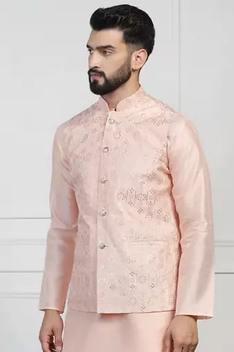 Viscose Embroidered Peach Nehru Jacket
