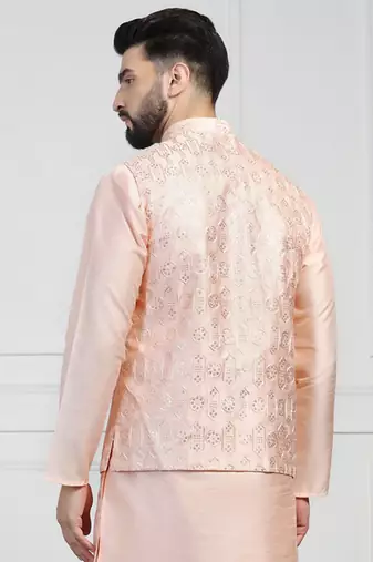 Viscose Embroidered Peach Nehru Jacket