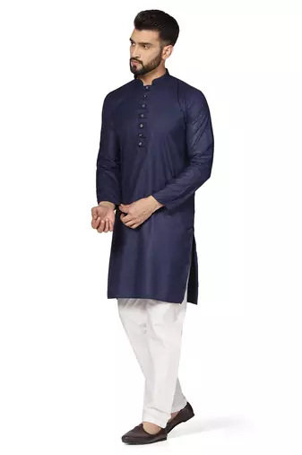 Men navy blue solid kurta pyjama set