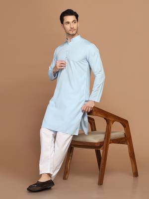 Men solid light blue kurta pyjama set 1