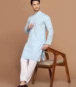Men solid light blue kurta pyjama set