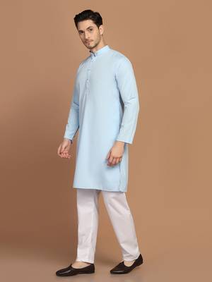 Men solid light blue kurta pyjama set 2