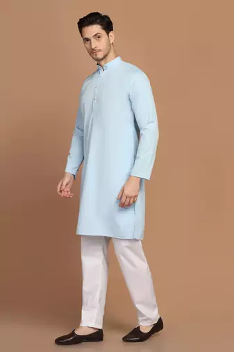 Men solid light blue kurta pyjama set