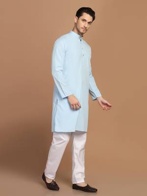 Men solid light blue kurta pyjama set 3