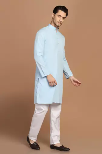 Men solid light blue kurta pyjama set