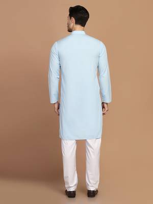 Men solid light blue kurta pyjama set 4