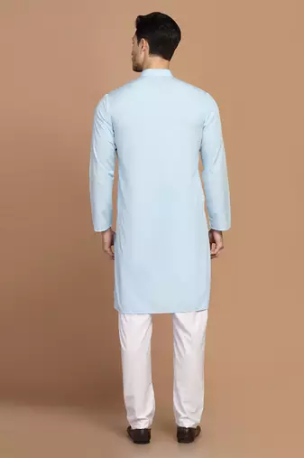 Men solid light blue kurta pyjama set