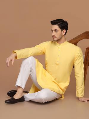 Men solid yellow kurta pyjama set 1