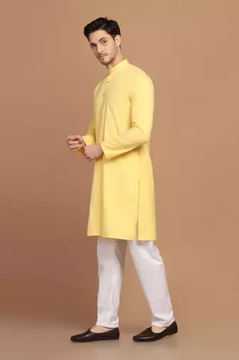 Men solid yellow kurta pyjama set