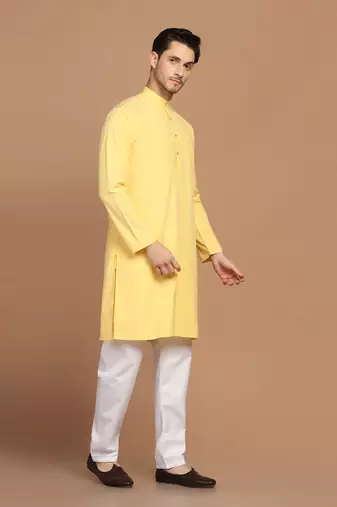 Men solid yellow kurta pyjama set