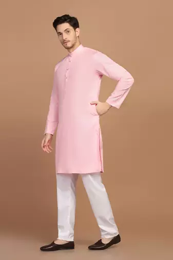 Men solid pink kurta pyjama set