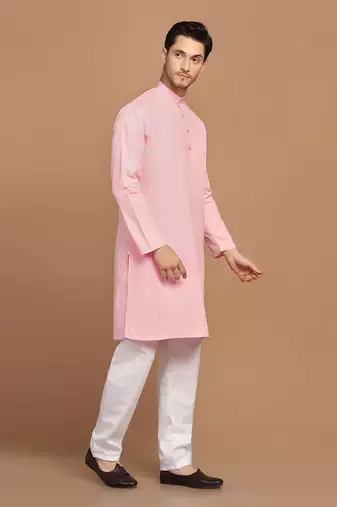Men solid pink kurta pyjama set