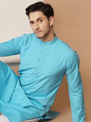 Men solid blue kurta pyjama set 1