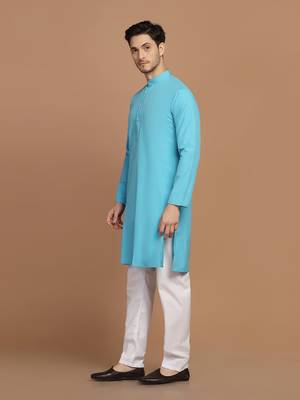 Men solid blue kurta pyjama set 2