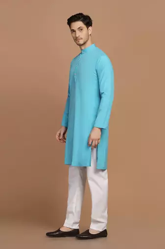 Men solid blue kurta pyjama set