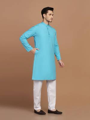 Men solid blue kurta pyjama set 3