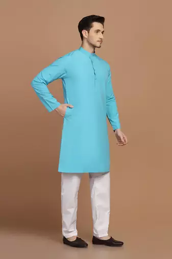 Men solid blue kurta pyjama set