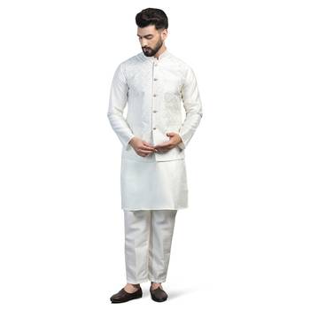 Men white embroidered jacket with kurta pyjama 1