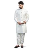 Men white embroidered jacket with kurta pyjama