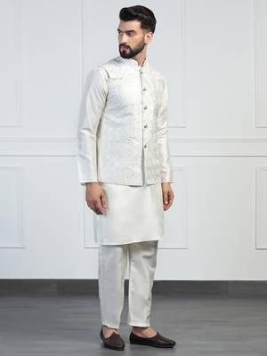 Men white embroidered jacket with kurta pyjama 2