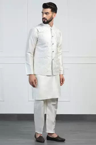 Men white embroidered jacket with kurta pyjama