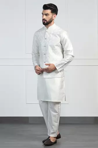 Men white embroidered jacket with kurta pyjama