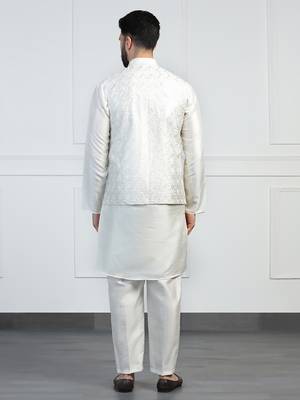 Men white embroidered jacket with kurta pyjama 4