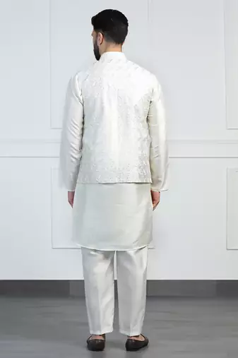 Men white embroidered jacket with kurta pyjama