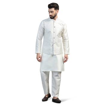 Men white embroidered jacket with kurta pyjama 1