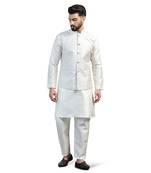 Men white embroidered jacket with kurta pyjama