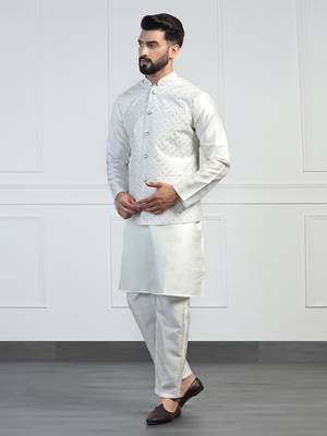 Men white embroidered jacket with kurta pyjama 2