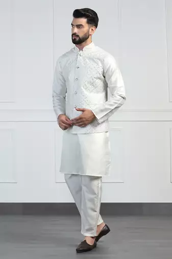 Men white embroidered jacket with kurta pyjama