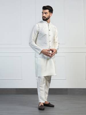 Men white embroidered jacket with kurta pyjama 3