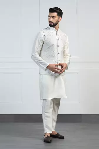 Men white embroidered jacket with kurta pyjama