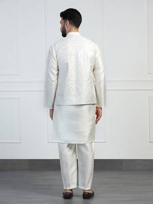 Men white embroidered jacket with kurta pyjama 4