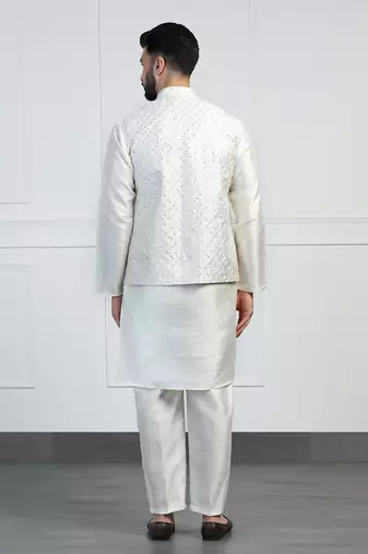 Men white embroidered jacket with kurta pyjama
