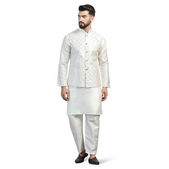 Men white embroidered jacket with kurta pyjama 1