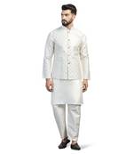 Men white embroidered jacket with kurta pyjama