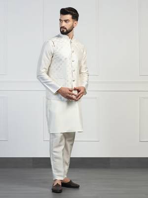 Men white embroidered jacket with kurta pyjama 2