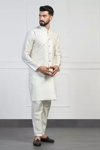 Men white embroidered jacket with kurta pyjama