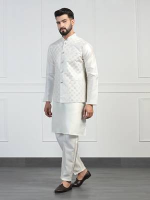 Men white embroidered jacket with kurta pyjama 3
