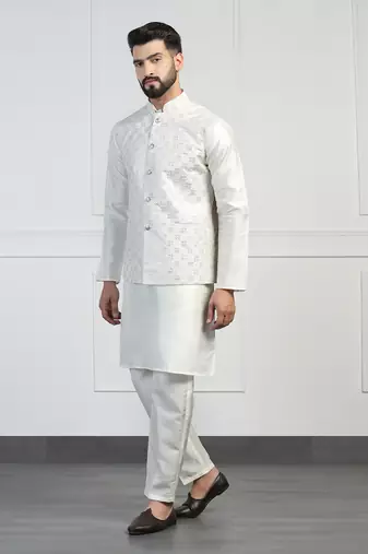 Men white embroidered jacket with kurta pyjama