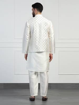 Men white embroidered jacket with kurta pyjama 4